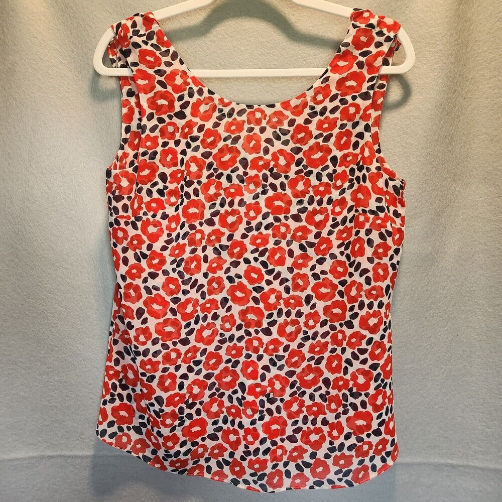 6/$30 Cabi Shirt Womens Small Red White Floral Blouse Ruffle Trim Work Casual